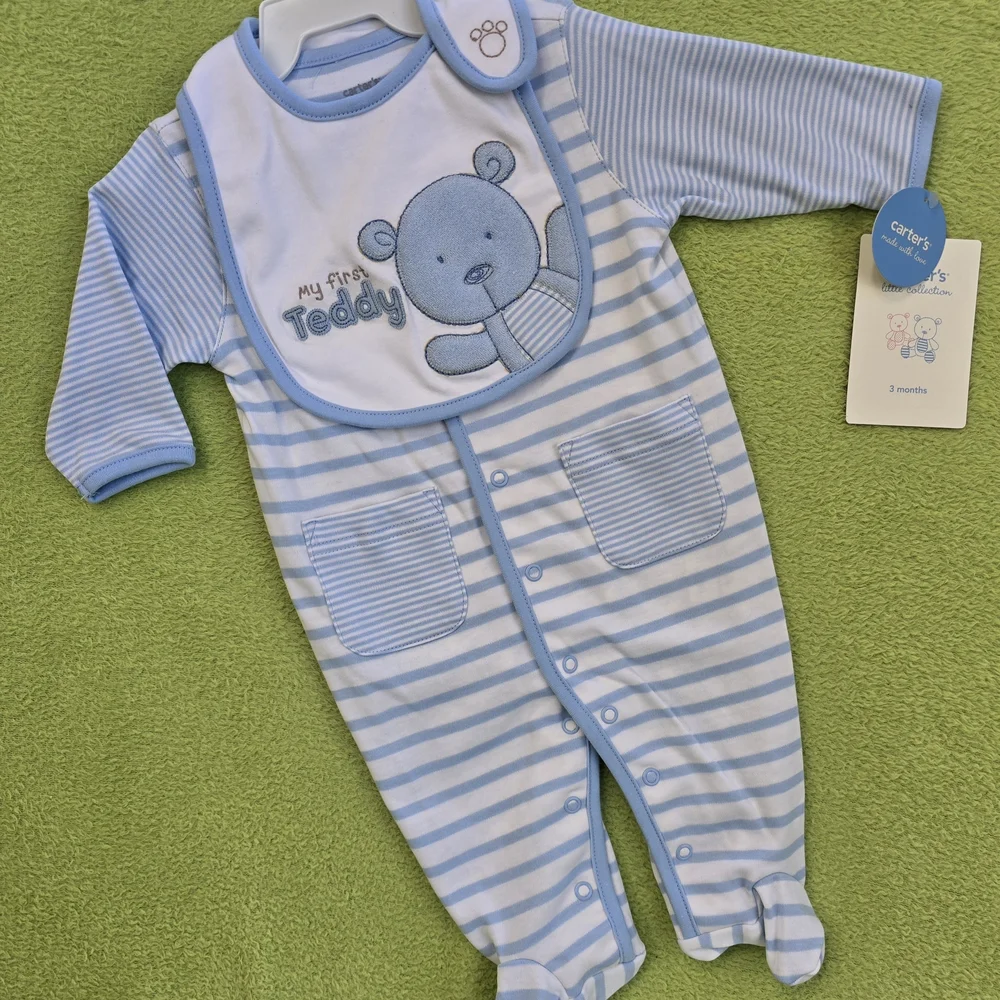 NWT 3-6M FOOTIE & BIB SET Blue & White Striped Baby BOYS MY FIRST TEDDY (Q5)